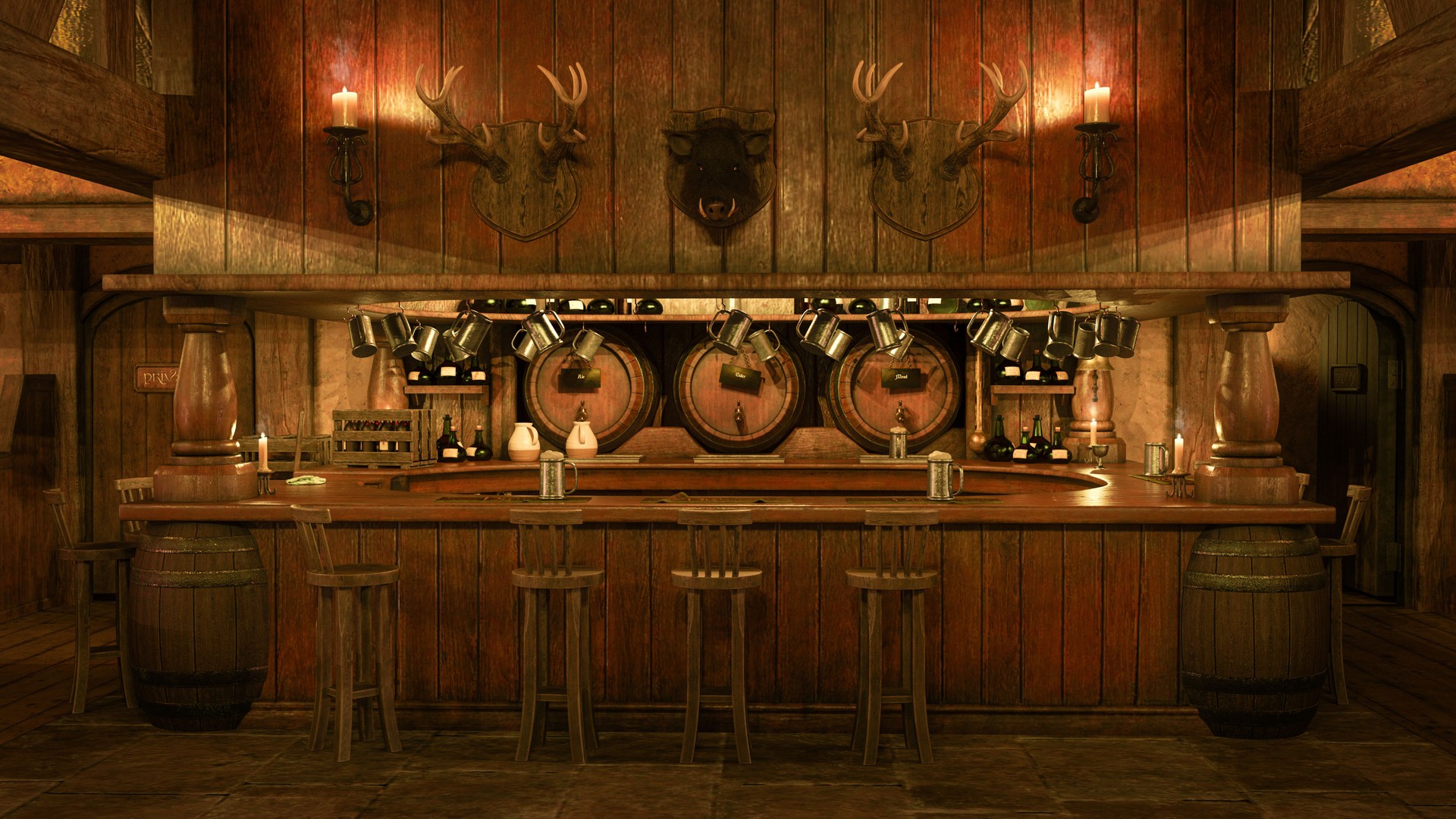 Medieval tavern bar with barrels of ale, cider and mead lit by candlelight. 3D rendering.